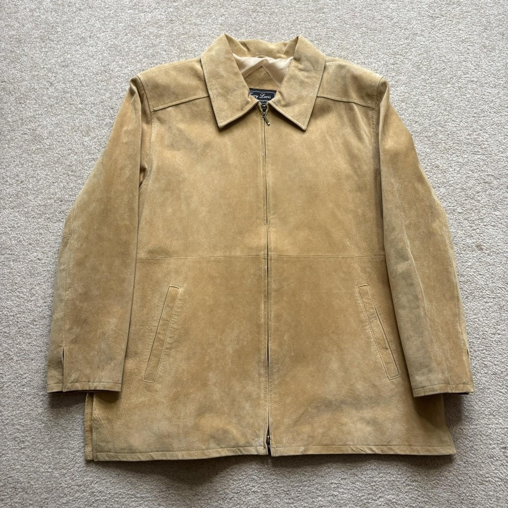 Vtg Leather Coat Terry Lewis Womens 1X Beige Zip Front Lined Overcoat Mid Length